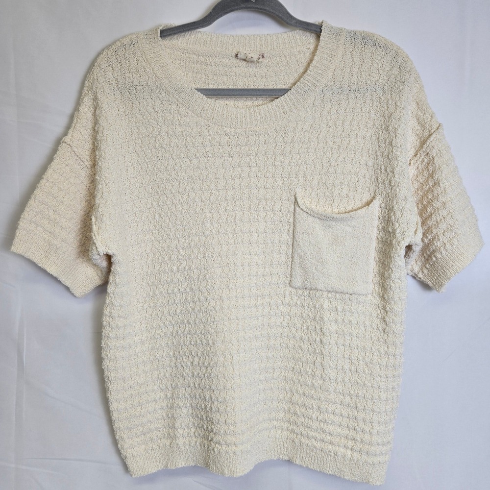 Hem & Thread Short Sleeve Knit Sweater Pocket Cream Cottagecore Boho‎ Medium